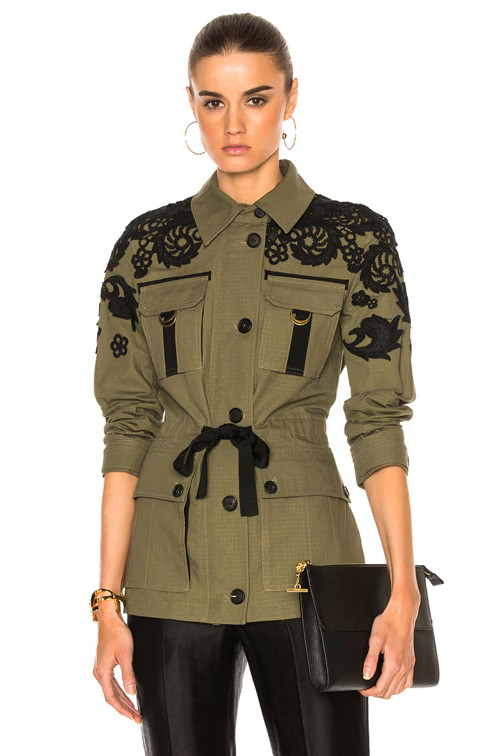 Veronica Beard Heritage Olive Utility Field Jacket W/ Black Lace Decals Size 8