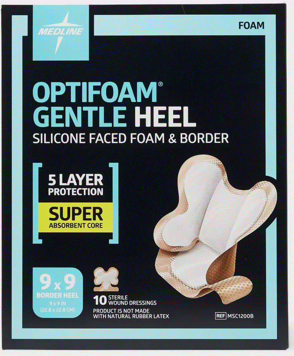 Optifoam Gentle Silicone-Faced 9” X 9” Foam And Border Heel Dressing, Box of 10 Optifoam Gentle Silicone-Faced 9” X 9” Foam And Border Heel Dressing, Box of 10