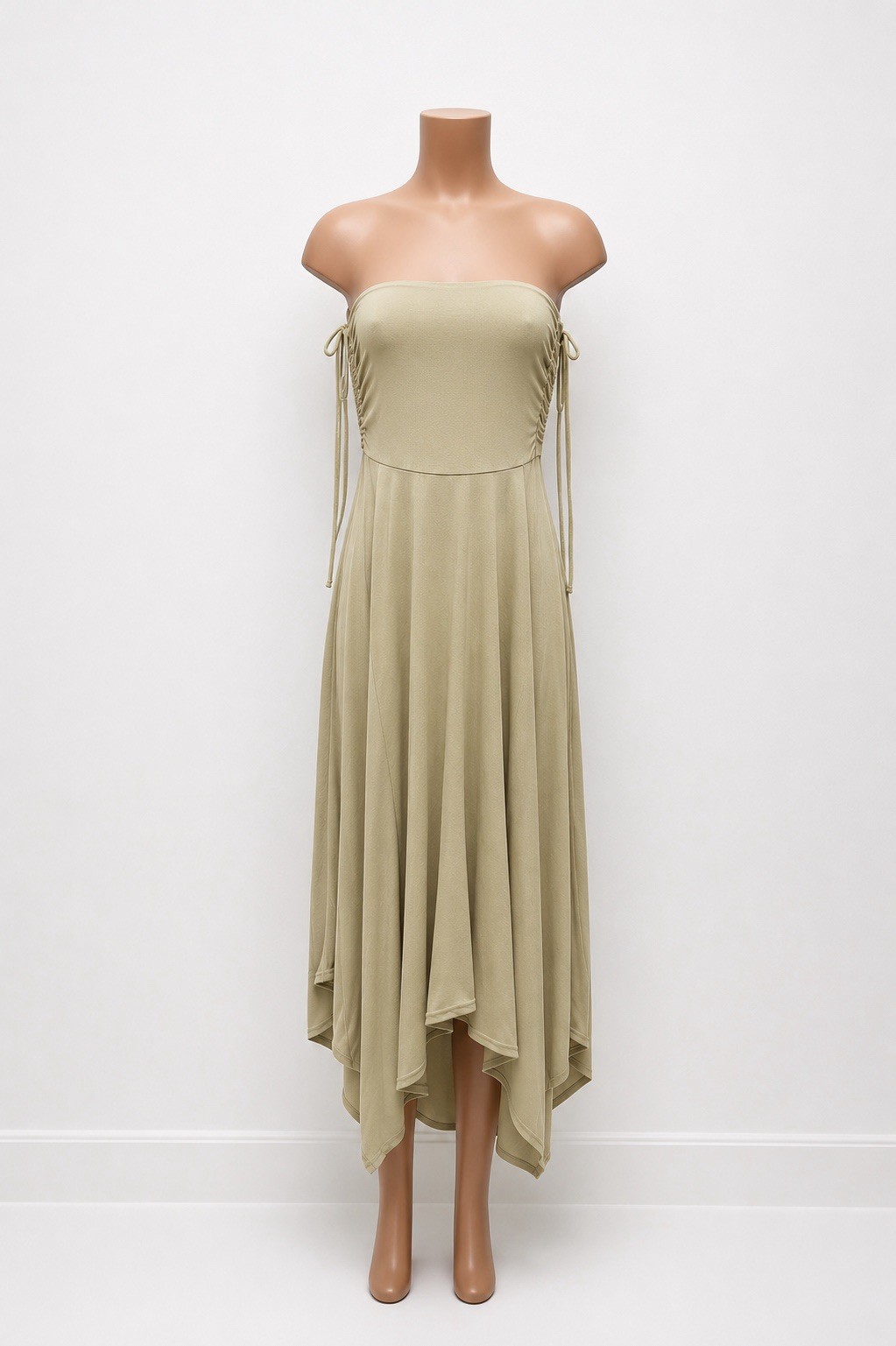Free People FP Beach Asymmetric Strapless Midi Dress Beige Cinched Ruched Side M