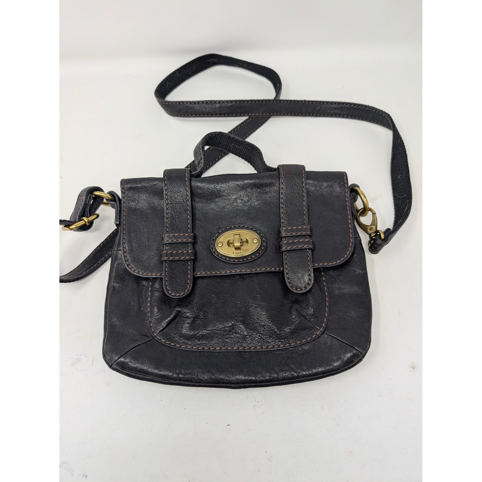Fossil Long Live Vintage Black Leather Turn Lock Flap Shoulder Crossbody Bag