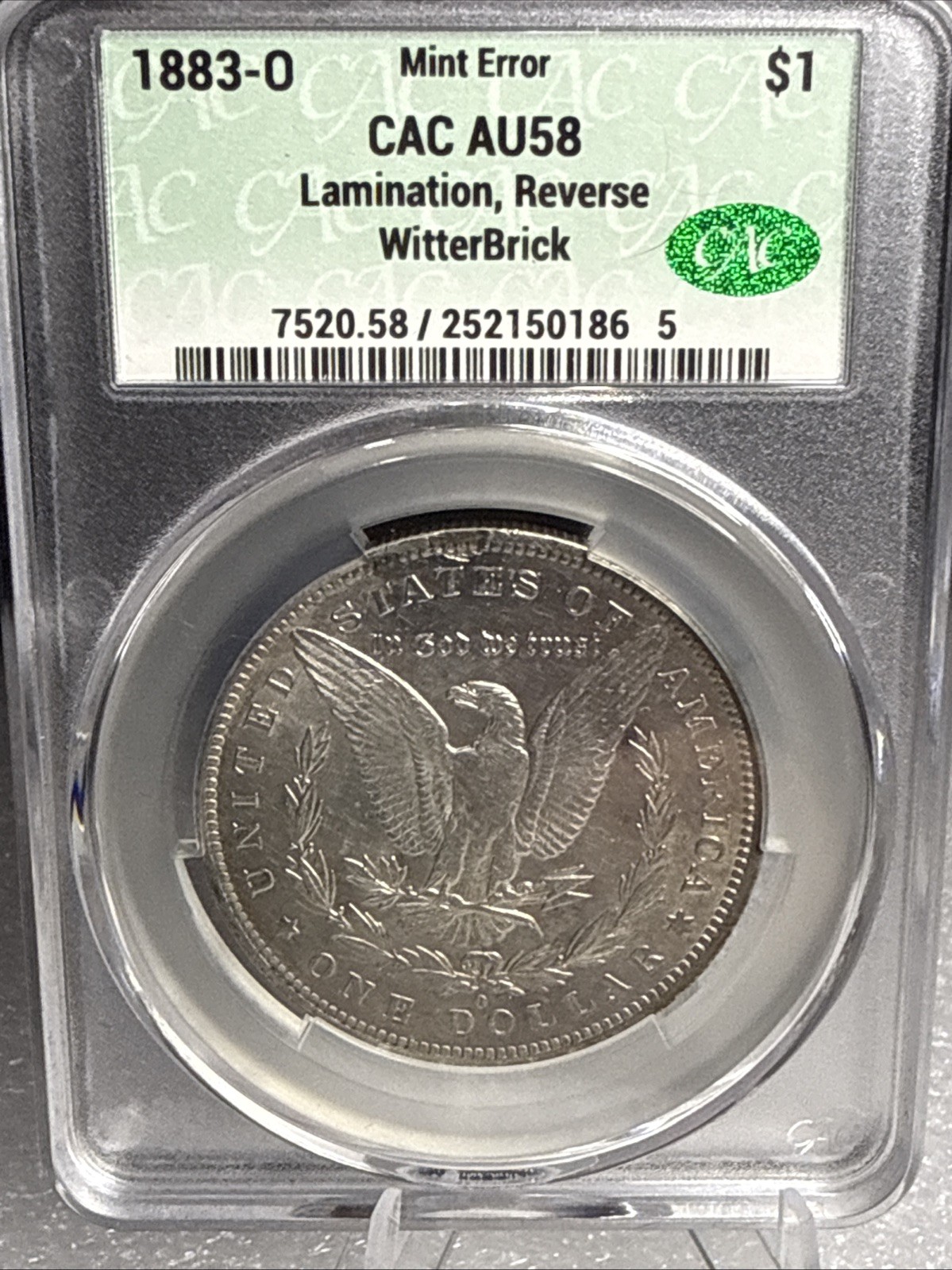 1883 O Morgan Dollar $1 Coin Silver, CAC Lamination Reverse Mint Error