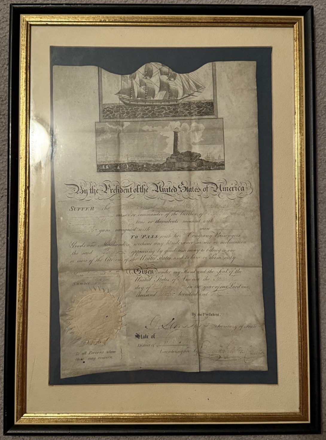 JAMES MADISON December 12, 1810 Signed Framed Ship’s Paper Document Beckett LOA JAMES MADISON December 12, 1810 Signed Framed Ship’s Paper Document Beckett LOA