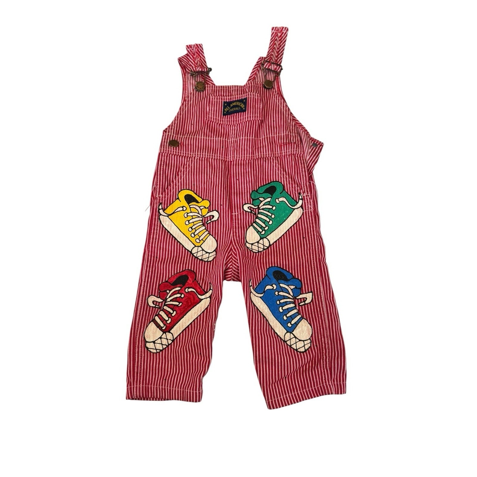 Vintage Healthtex Overalls Baby 18mos Red Railroad Stripe Hand Painted Unique
