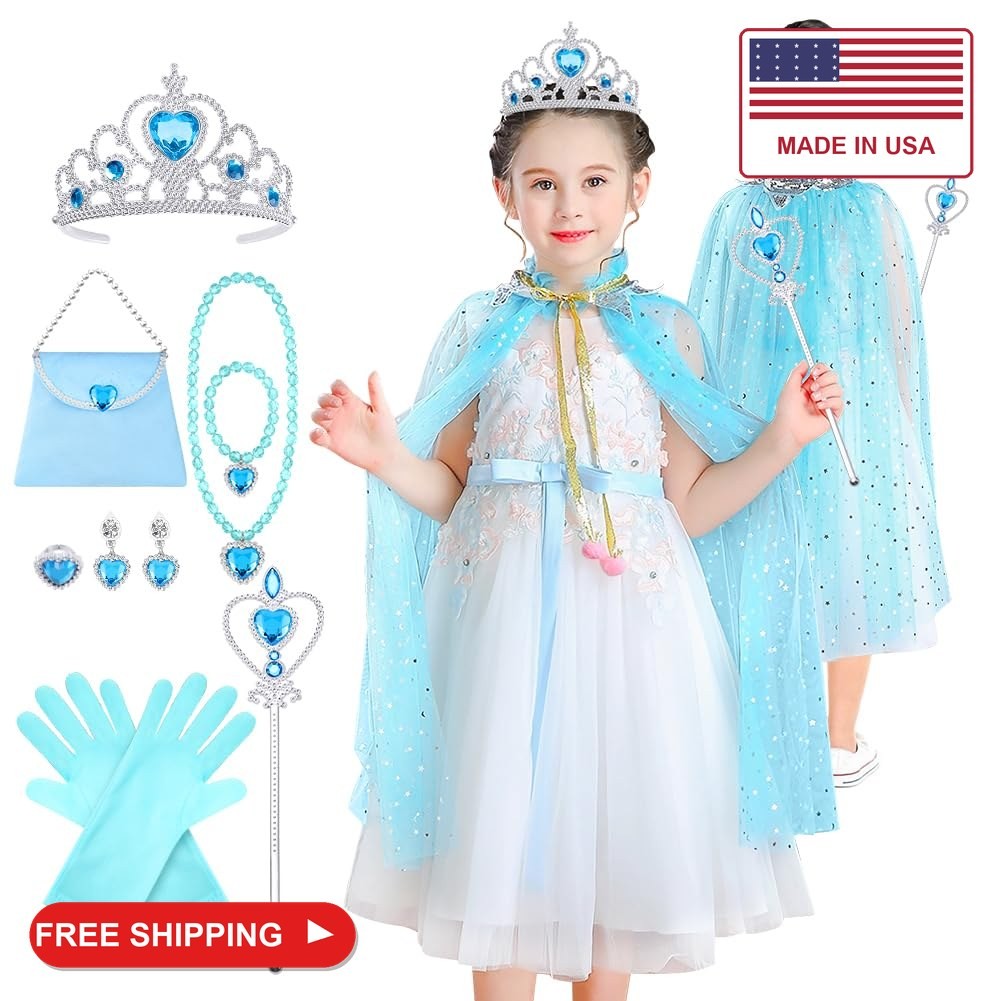 AOMIG 11PCS Princess Cape Set, Princess Cape Clothes with Crown, Wand, Jewelry,