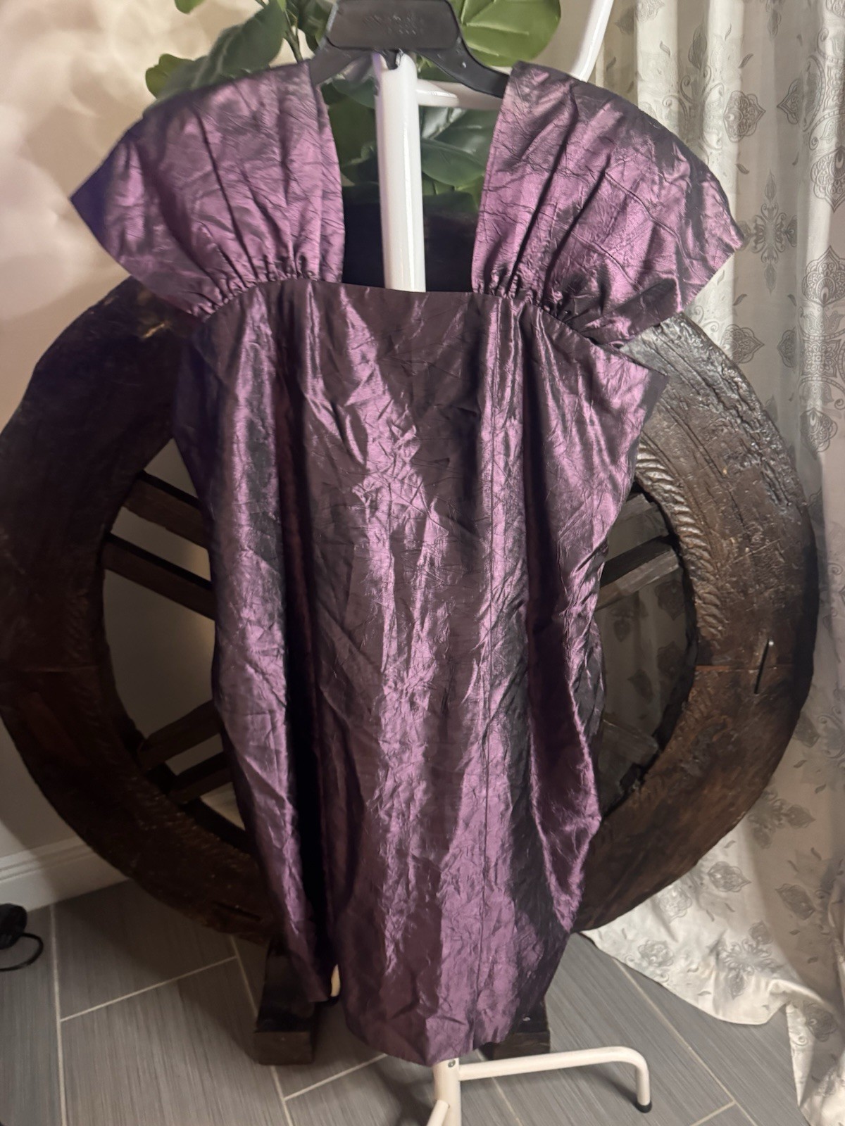 VTG 80s Iridescent Purple Taffeta Custom Handmade Cocktail Dress Pleated Sleeves