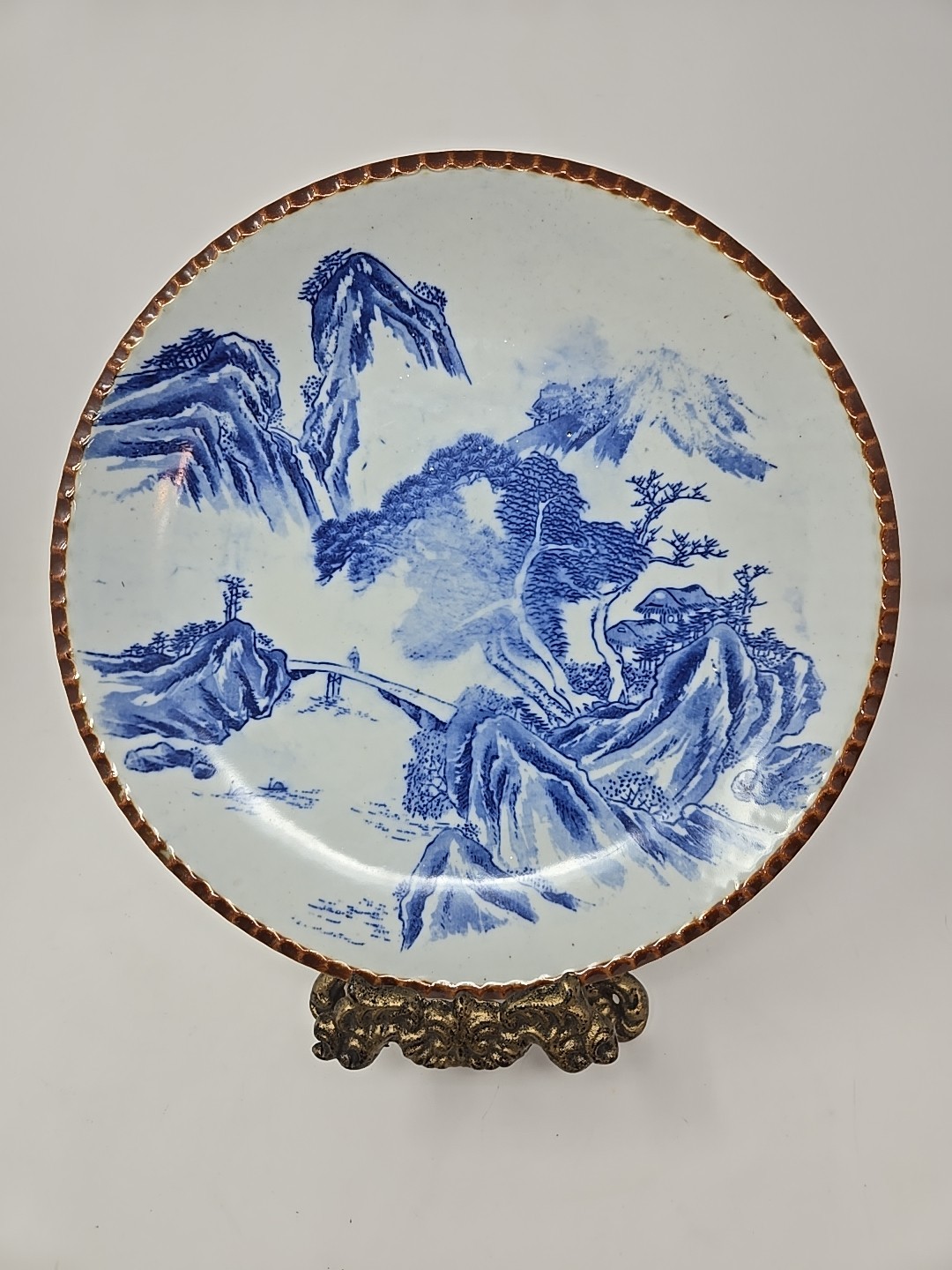 Antique Japanese Imari Blue White Porcelain Plate 12 in Mount Fuji Crane Pine