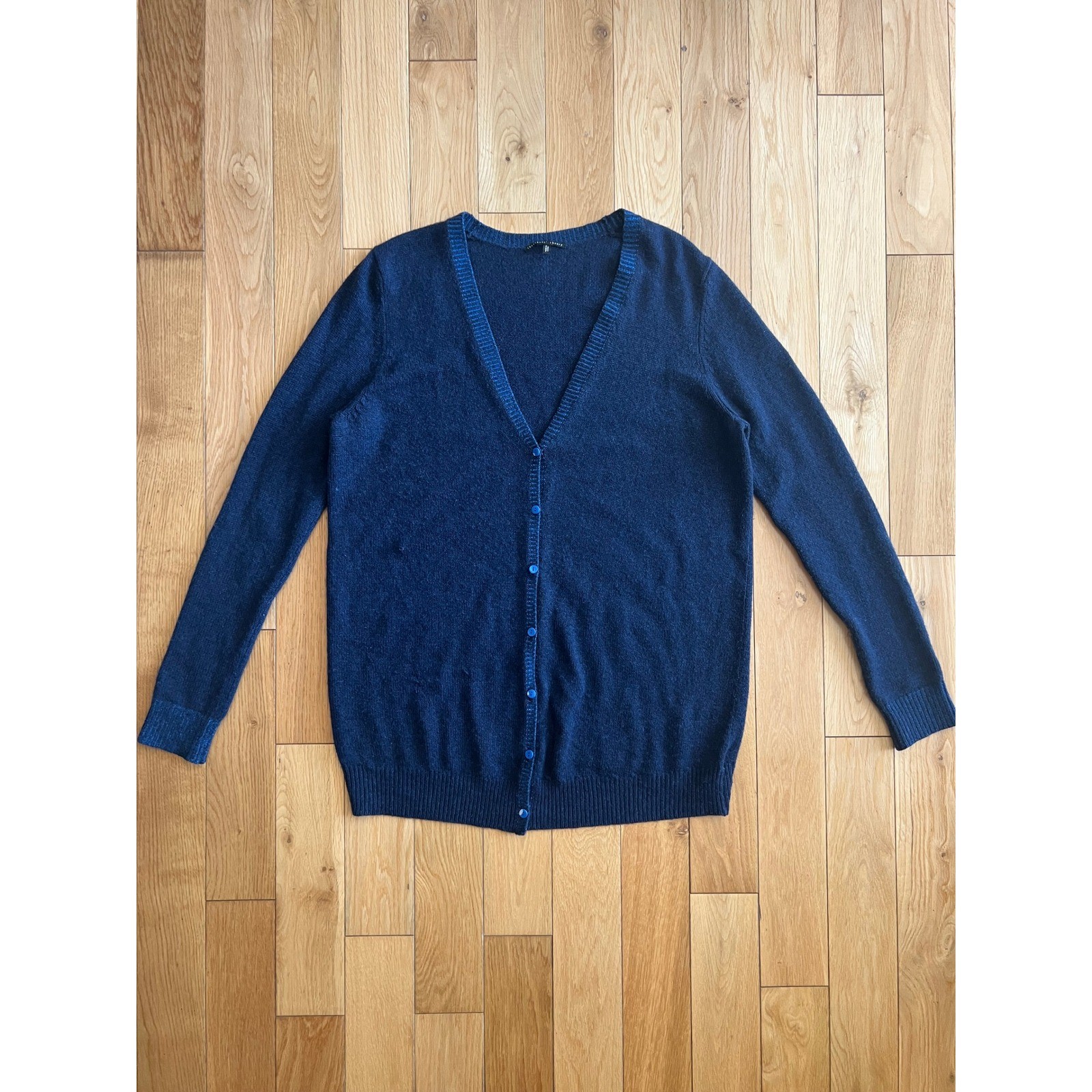 Theyskens\' Theory 100% Cashmere Cardigan Navy Blue Womens Size Large Repaired Theyskens\' Theory 100% Cashmere Cardigan Navy Blue Womens Size Large Repaired