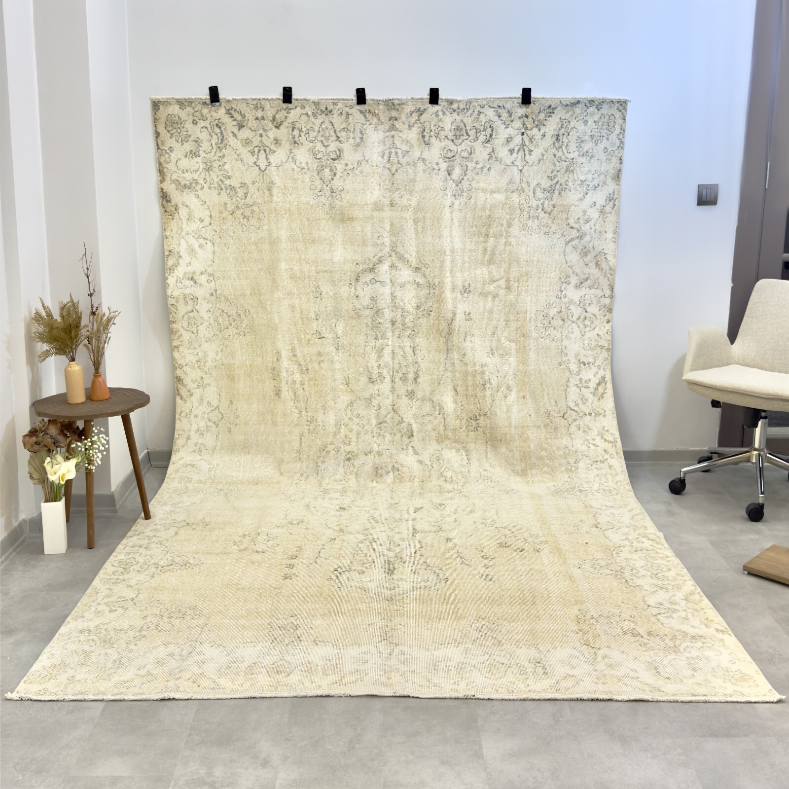 7x11 Antique Faded Turkish Rug, Oushak Area, Handmade Wool Area Rug, Beige Ecru