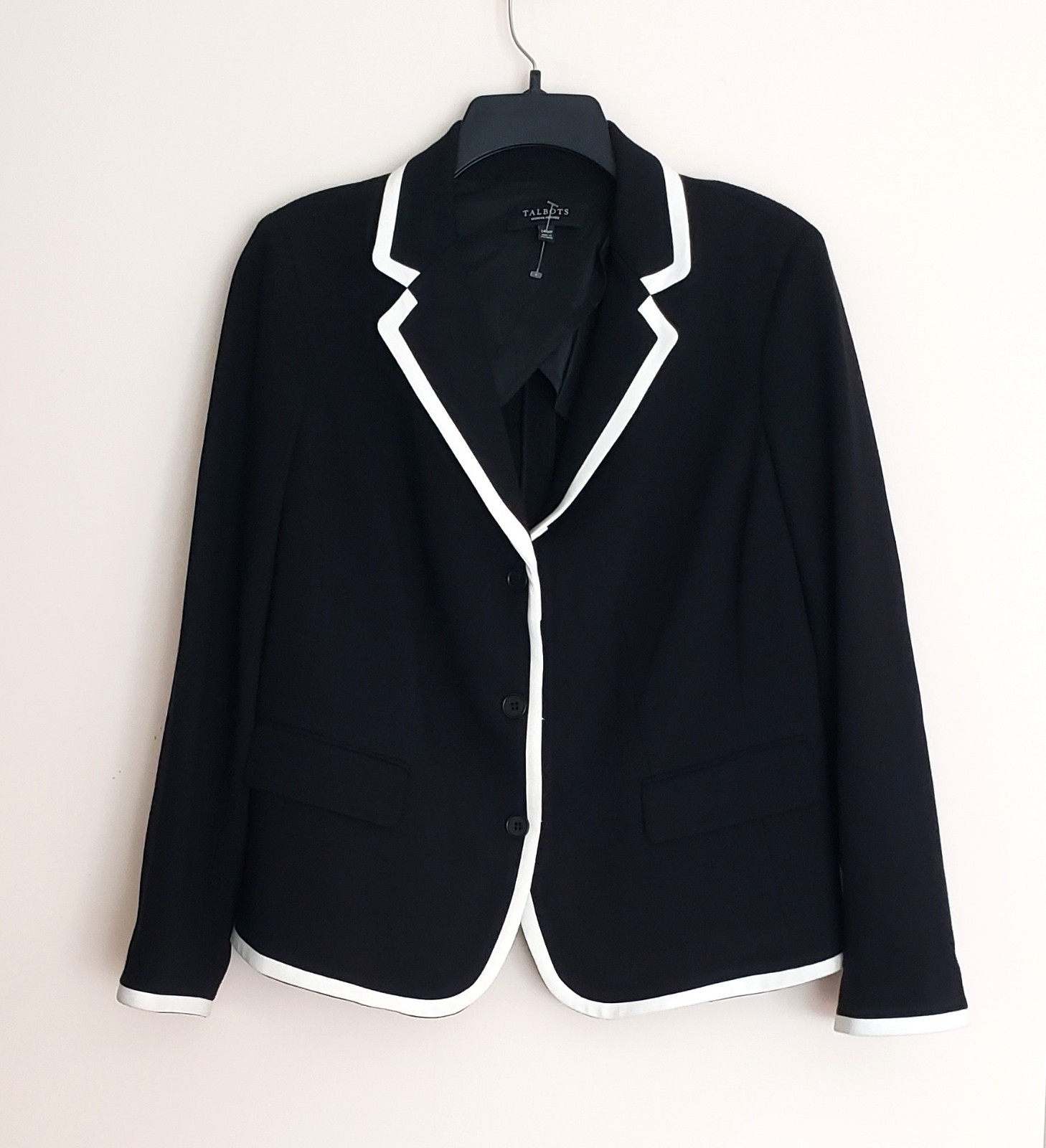 New Talbots Women 14W Petite Black White Trim Jacket Blazer Stretch Pockets New Talbots Women 14W Petite Black White Trim Jacket Blazer Stretch Pockets