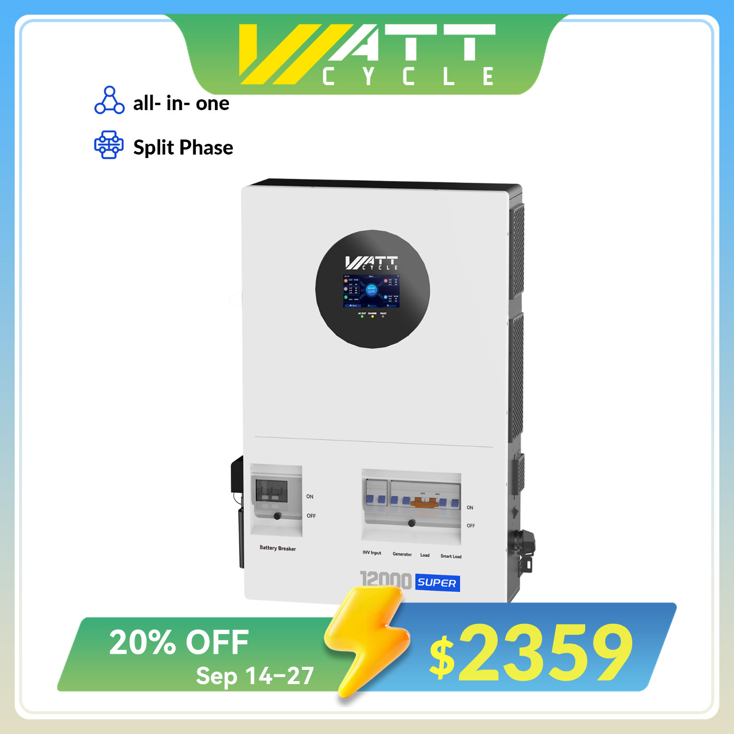 Wattcycle 48V 12KW Sloar Hybrid Inverter 200A Bypass 24KW Dual MPPT 120V/240V