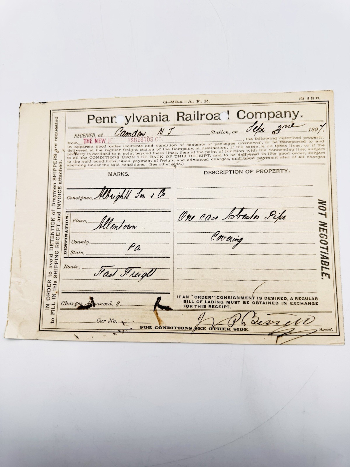 1889 Pennsylvania Railroad Receipt Camden NJ to Allentown PA Asbestos Pipe