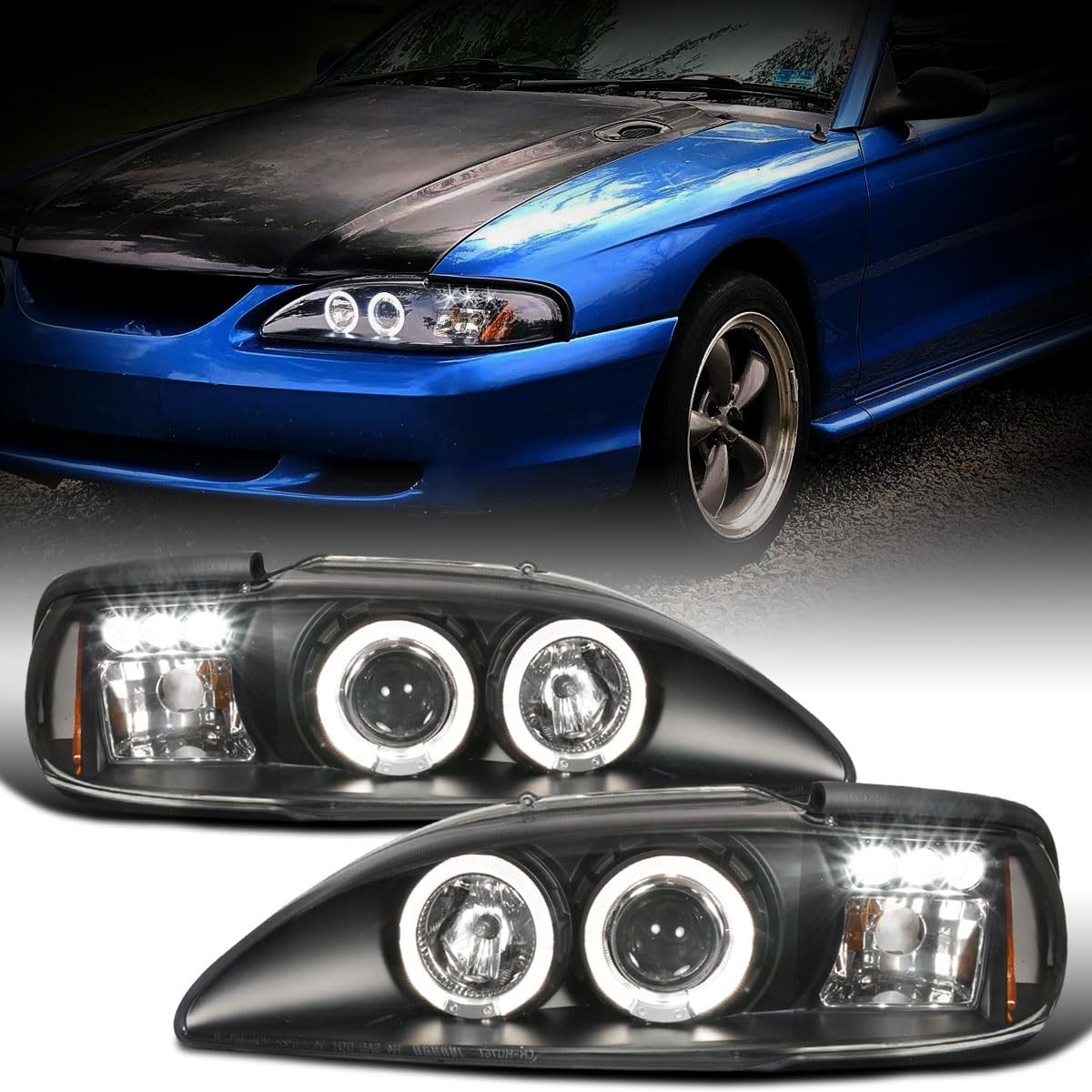 for 1994 1998 Ford Mustang Replacement LED Dual Rims Projector Headlights Black