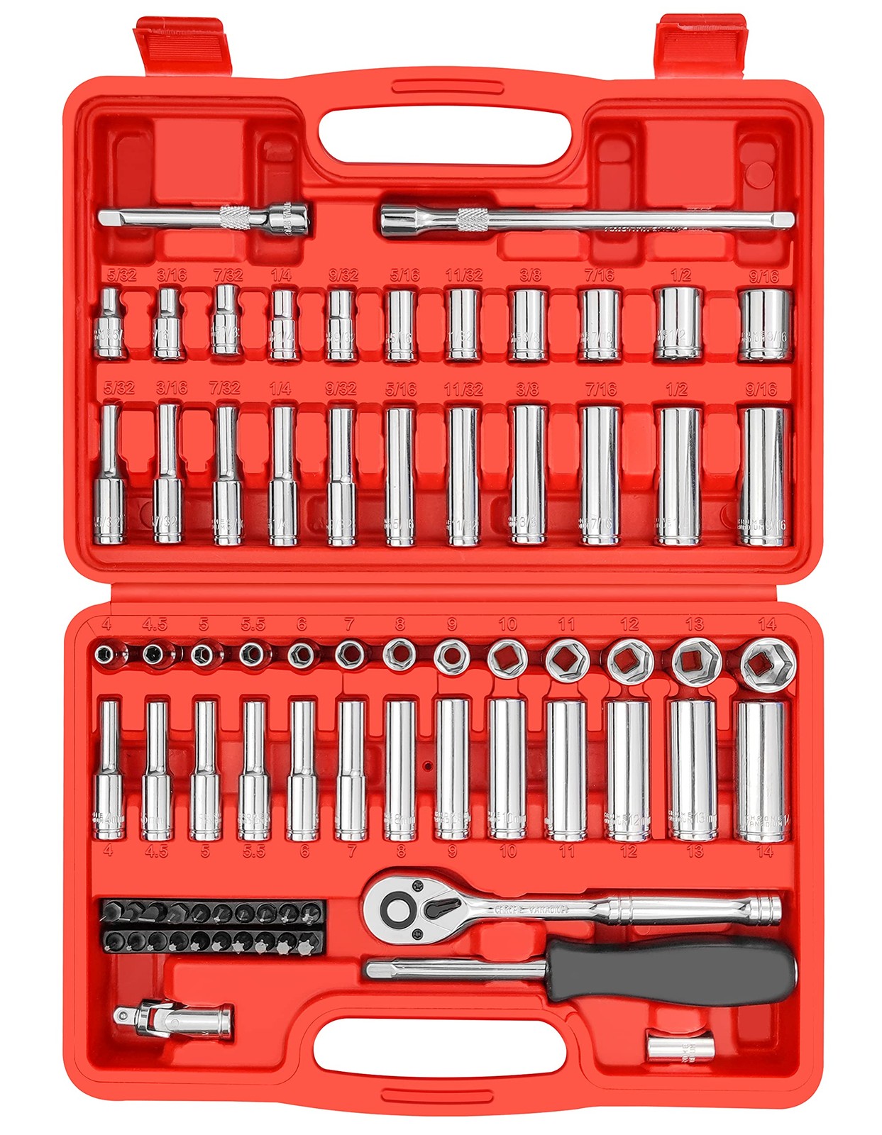 74 Piece 1/4 Inch Drive Socket Set SAE Metric Master Ratchet Extension Bit Tool