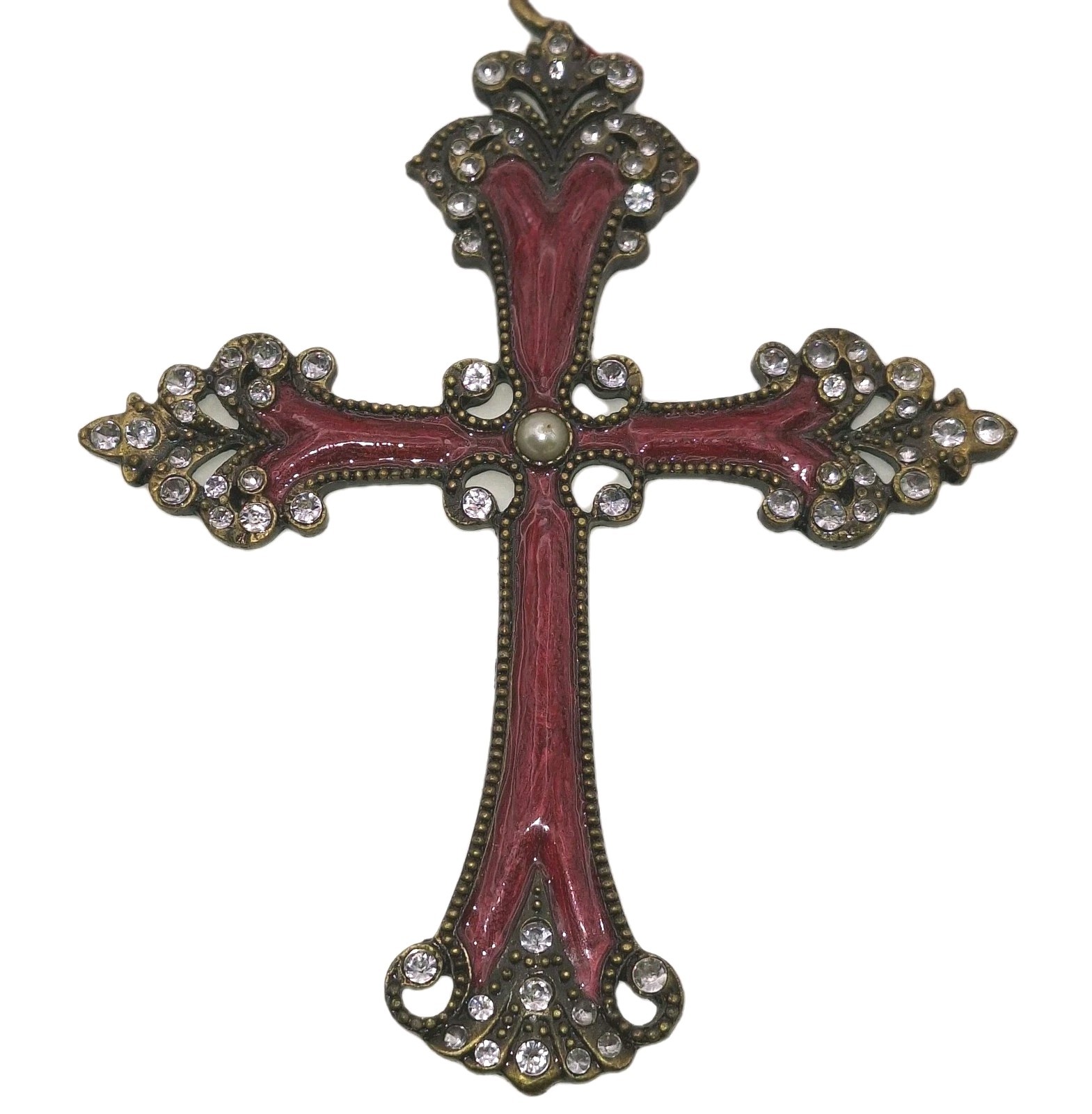 Vintage Cross Red Enamel Bejewelled 5” Christian Religious Wall Hanger Ornament Vintage Cross Red Enamel Bejewelled 5” Christian Religious Wall Hanger Ornament