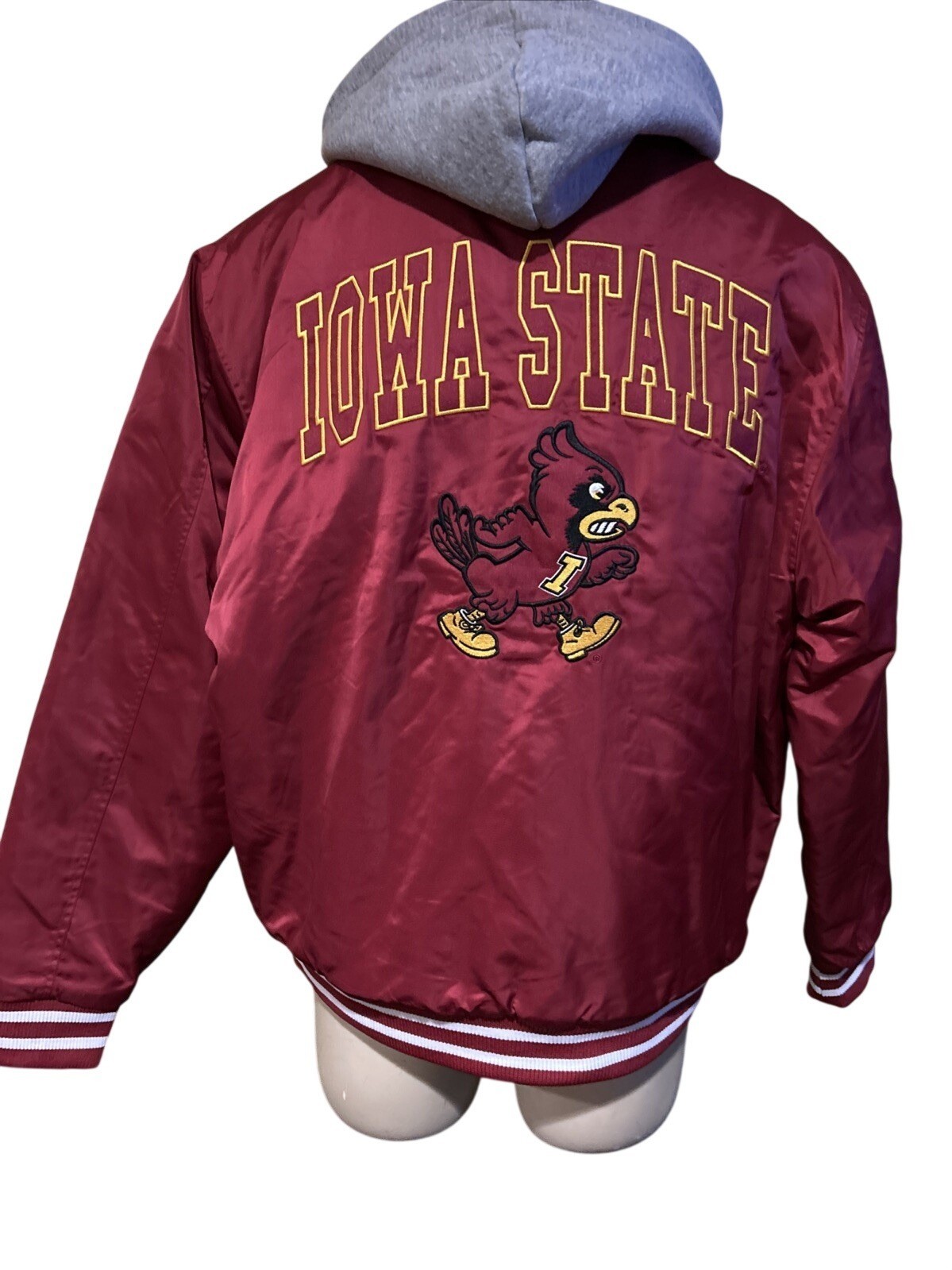 NEW Iowa State Cyclones Hoodie Maroon Sateen Full Zip Puffer Jacket Men's L