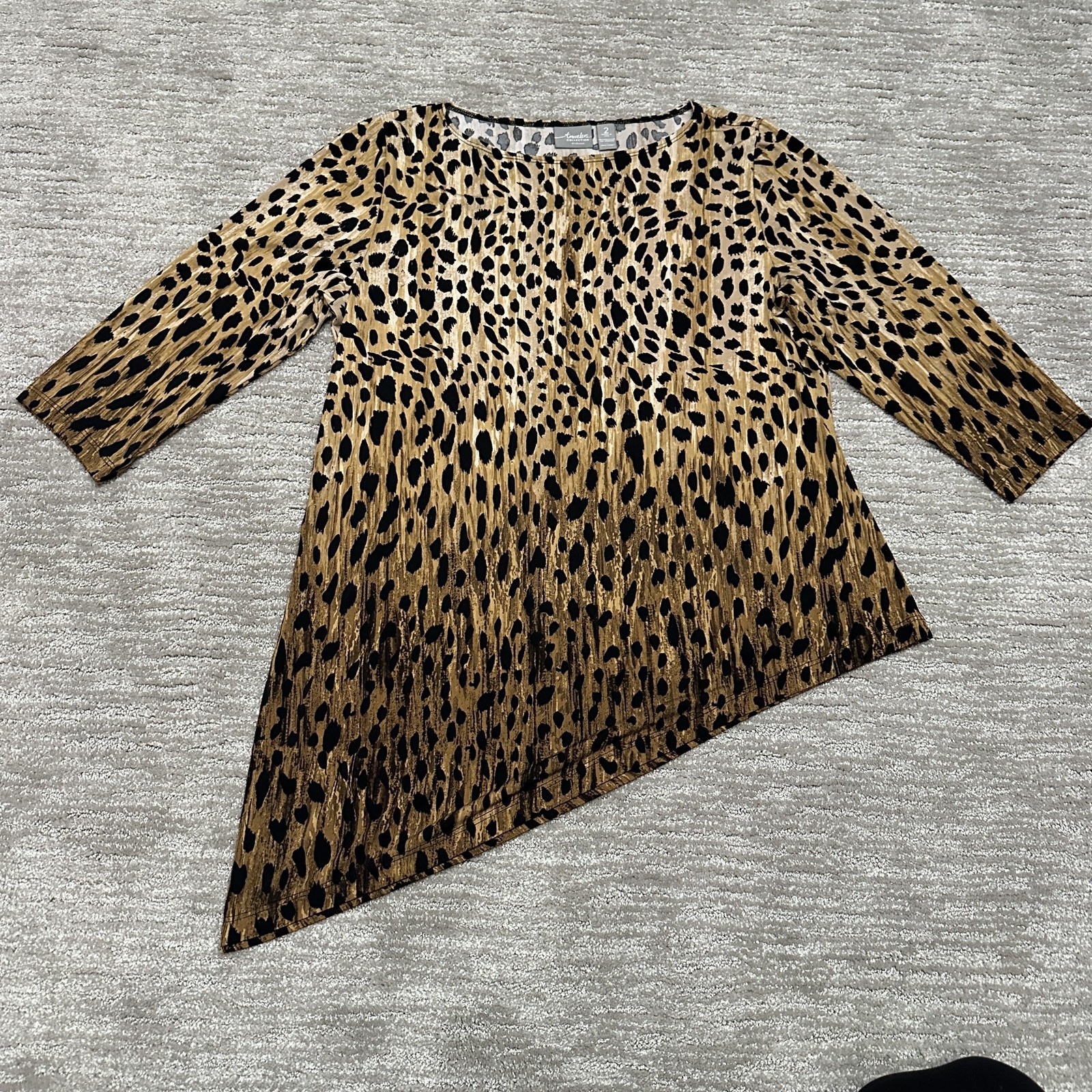 Chico\'s Travelers Shirt Womens 2 Brown Leopard 3/4 Sleeve Asymmetrical Tunic Top