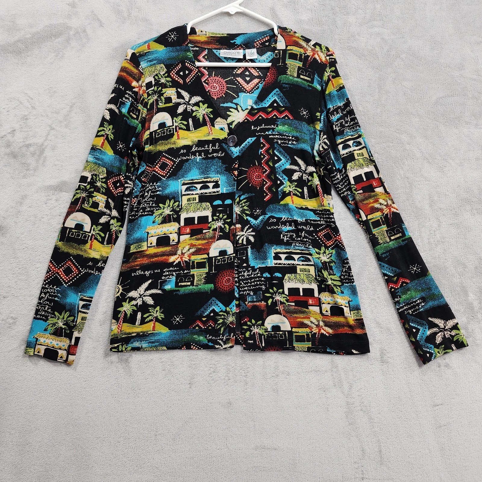 Vintage Chico\'s Travelers Jacket Womens 0 2/S Black Tropical Village Stretch