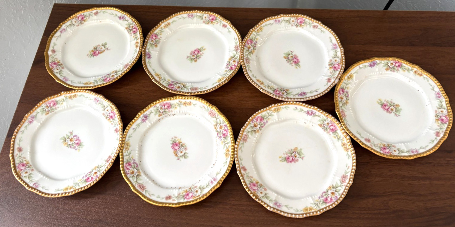 Set of 7 Bread Plates Vintage Elite Works Limoges France Gold Encrusted beaded