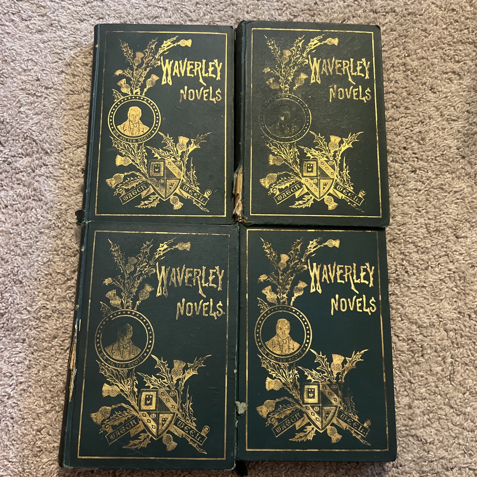 Lot Of 4 Antique Sir Walter Scott Waverly Novels Green Embossed Floral Shield