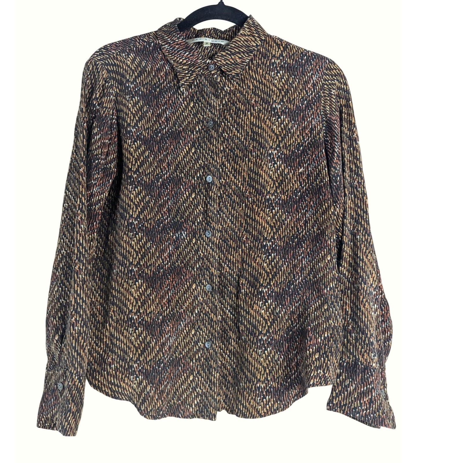 M Y2K Vtg  Max Studio Women Brown Abstract Dash Print 100% Silk Button Blouse