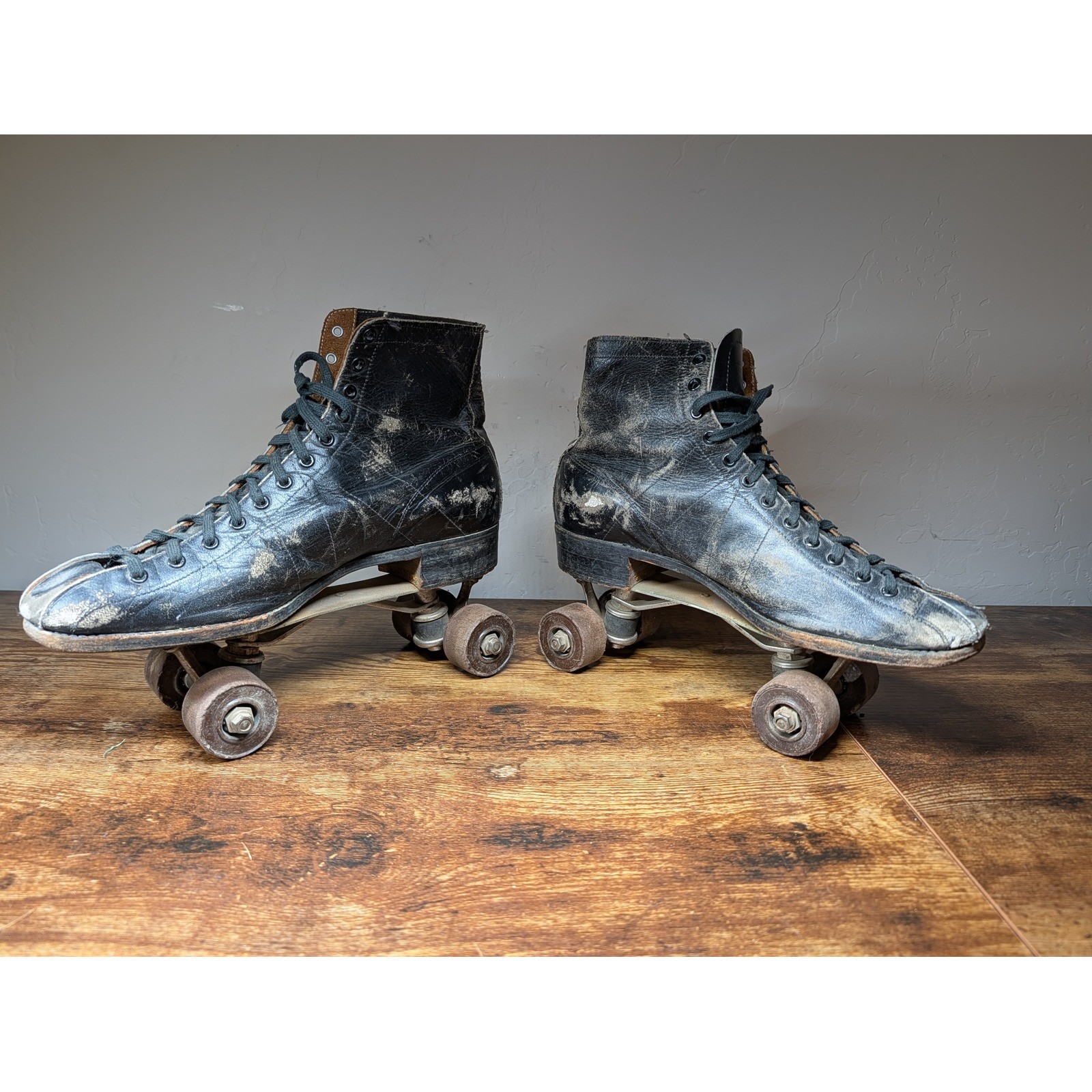 Vintage JC Higgins Sears Black Leather Roller Skates Quad High Top Distressed