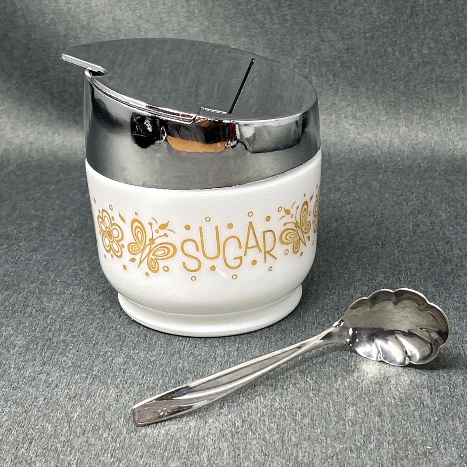 Vintage Gemco Butterfly Gold Milk Glass Sugar Bowl Flip Top Lid WM Rodgers Spoon Vintage Gemco Butterfly Gold Milk Glass Sugar Bowl Flip Top Lid WM Rodgers Spoon