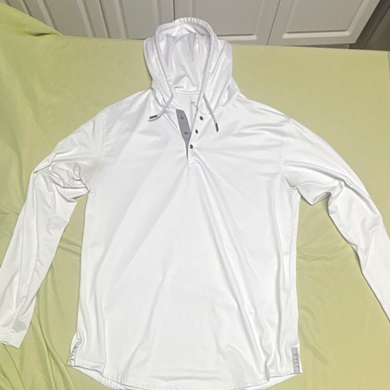 BYLT Basics Men Drop-Cut LUX Hooded Henley White Athletic Pullover Size L