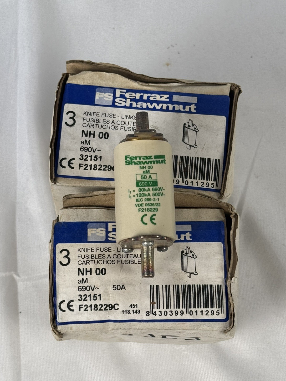 Ferraz Shawmut Knife Fuses NH 00  32151-f218229 aM 690VAC 50A Fuse 6 Total