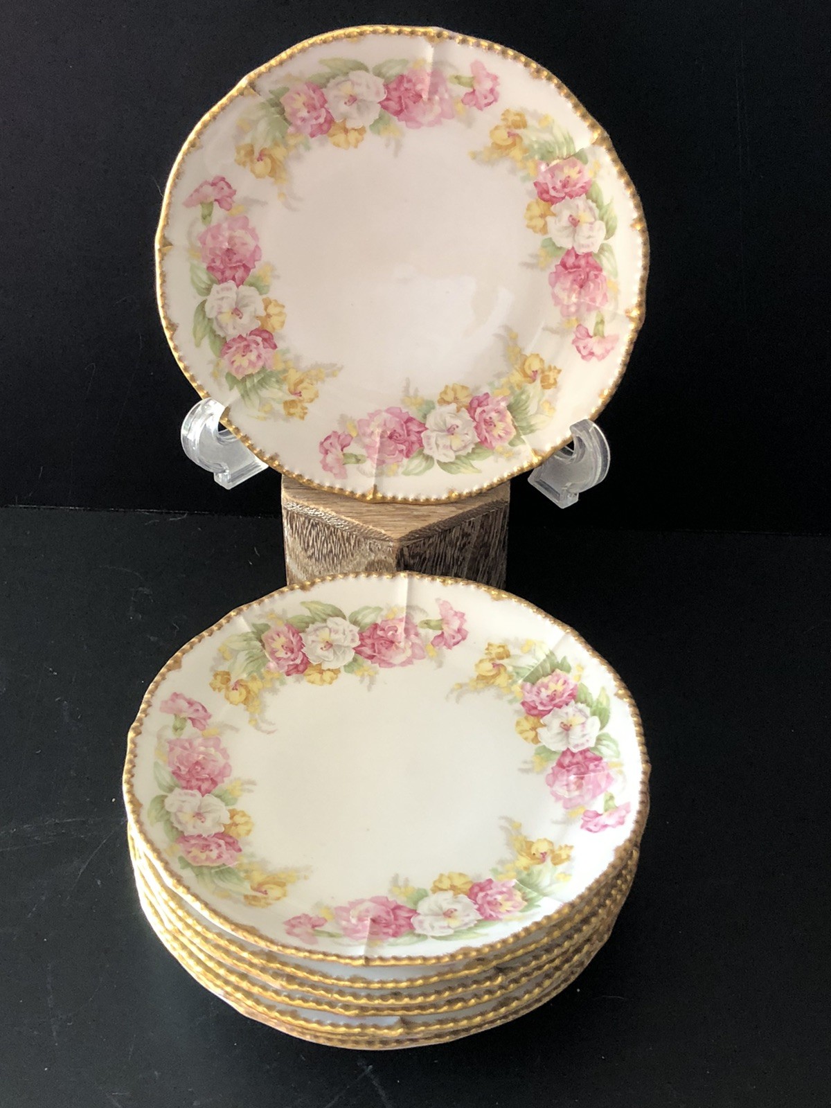 Elite Works  Limoges France 1900-1920 Gold Edge Floral Plates 7” Set Of 8