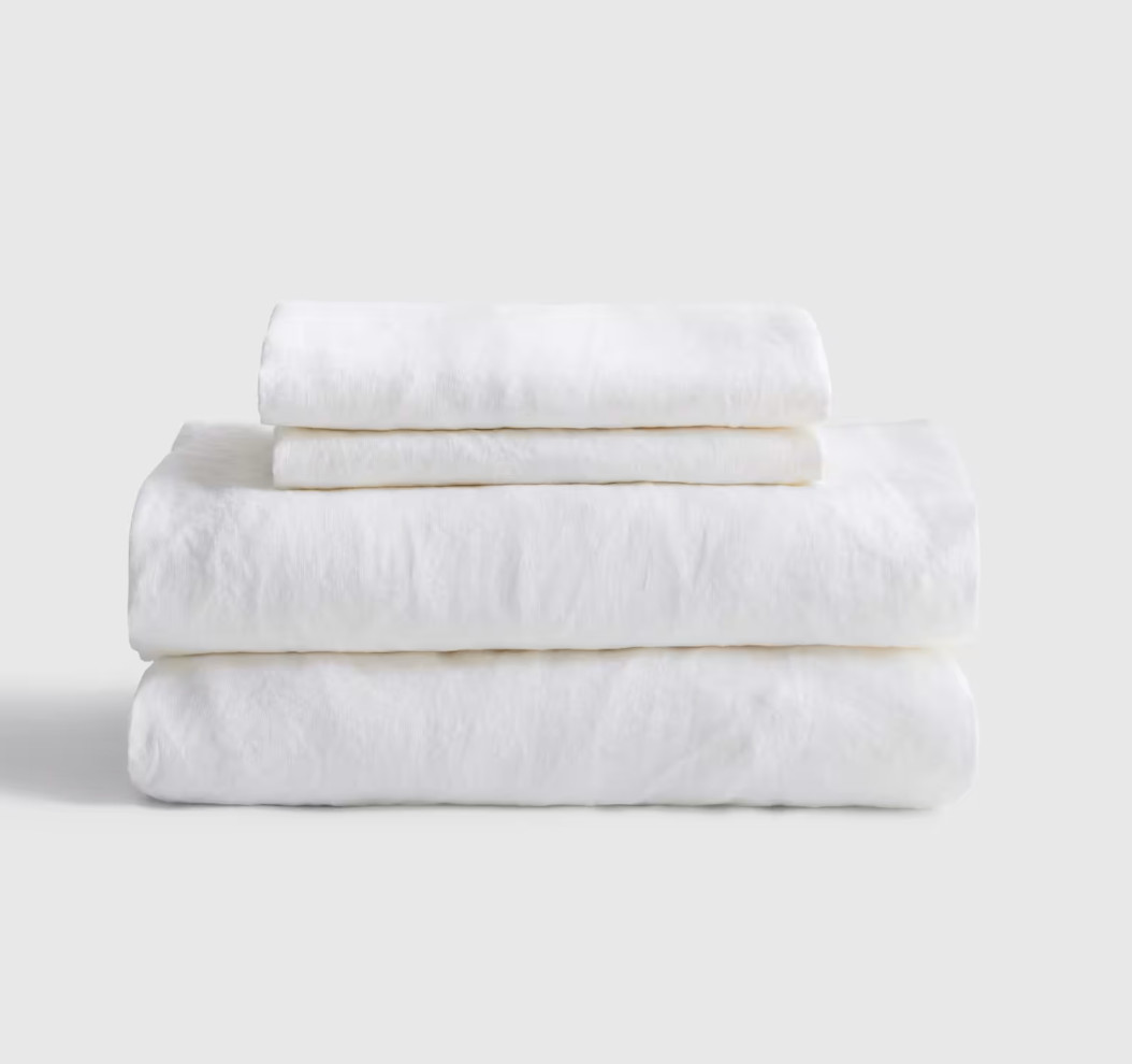 Quince European Linen Sheet Set Queen Size White 4 Piece with Flat Sheet NEW