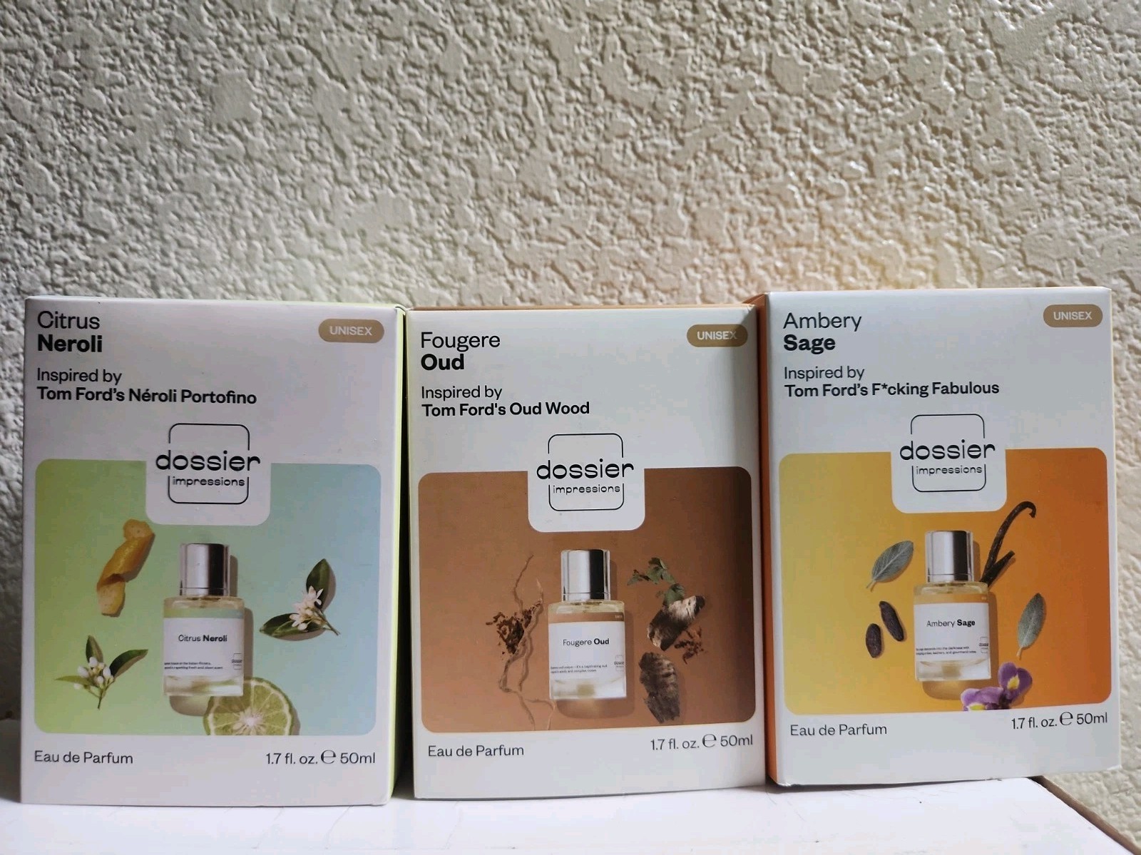 3pk Dossier Citrus Neroli, Fougere Oud, Ambery Sage. Tom Ford 50ml Unisex EDP 3pk Dossier Citrus Neroli, Fougere Oud, Ambery Sage. Tom Ford 50ml Unisex EDP