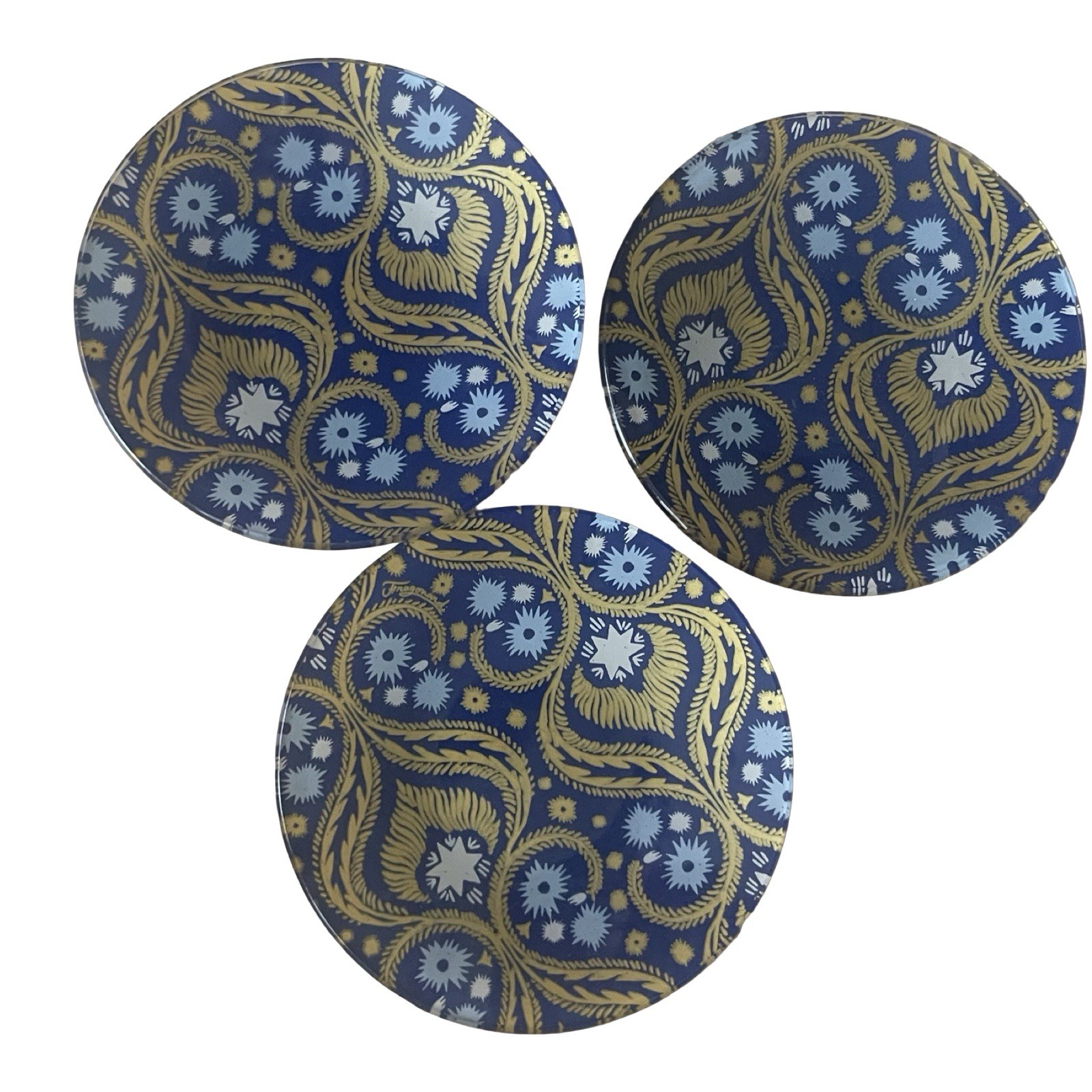 3 Fragonard Perfumeur Glass Plate Dish Blue Gold France Lot ASSIETTES DESSERT