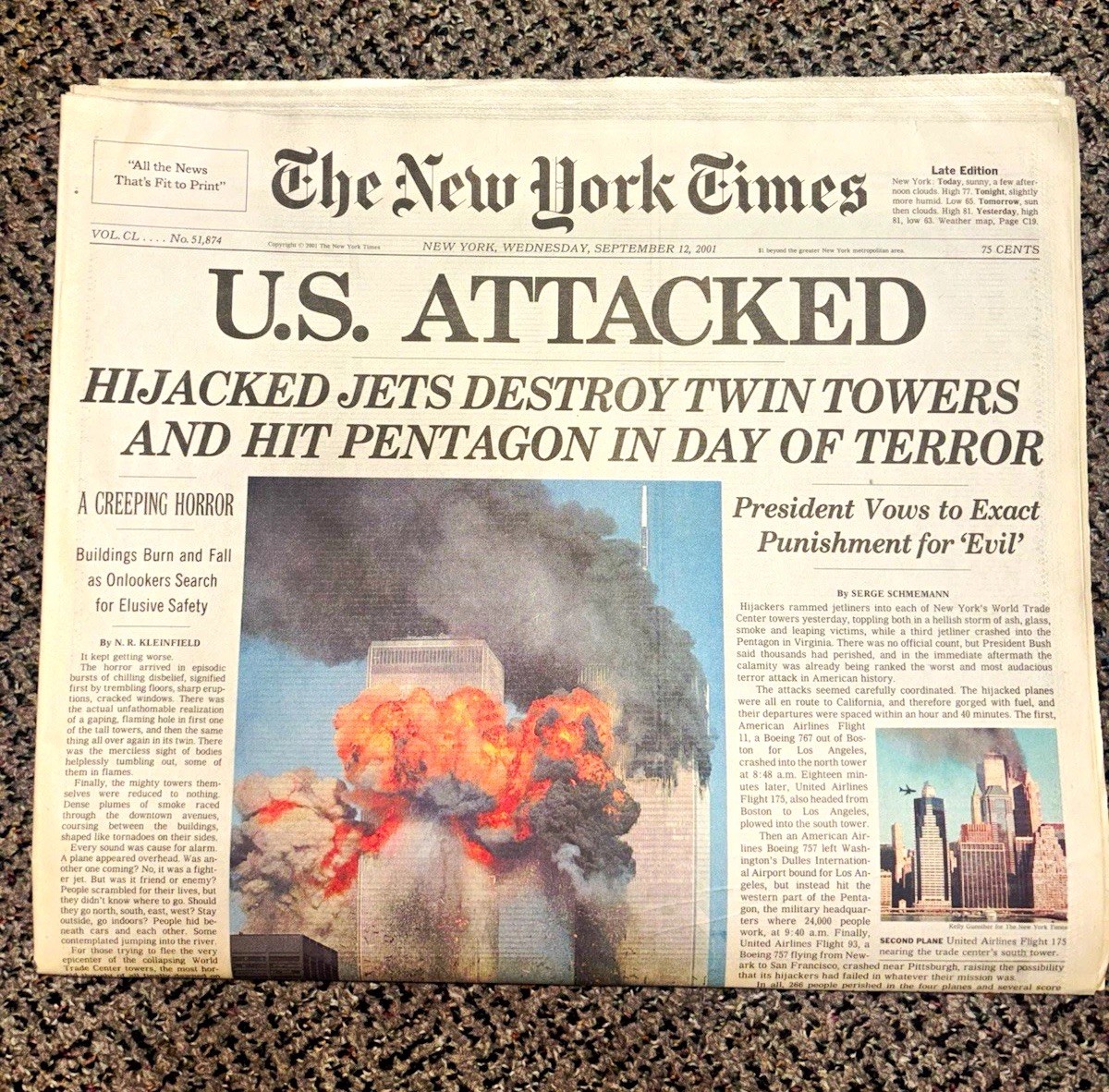 The New York Times Sept 12, 2001 Newspaper Front Page 