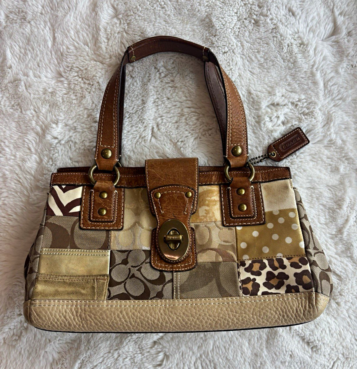 Rare Vintage Coach Patchwork Beige Brown Satchel Turn Lock Brass Charm 10816