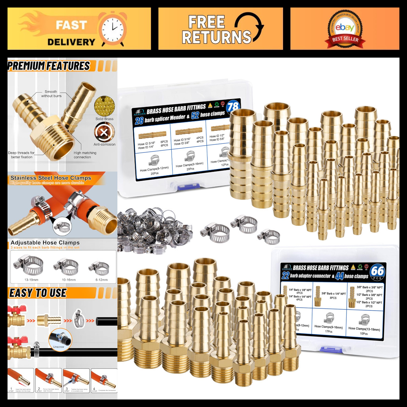 48PCS Brass Hose Barb Fittings Set with Clamps, Splicer Mender & Adapter Tools