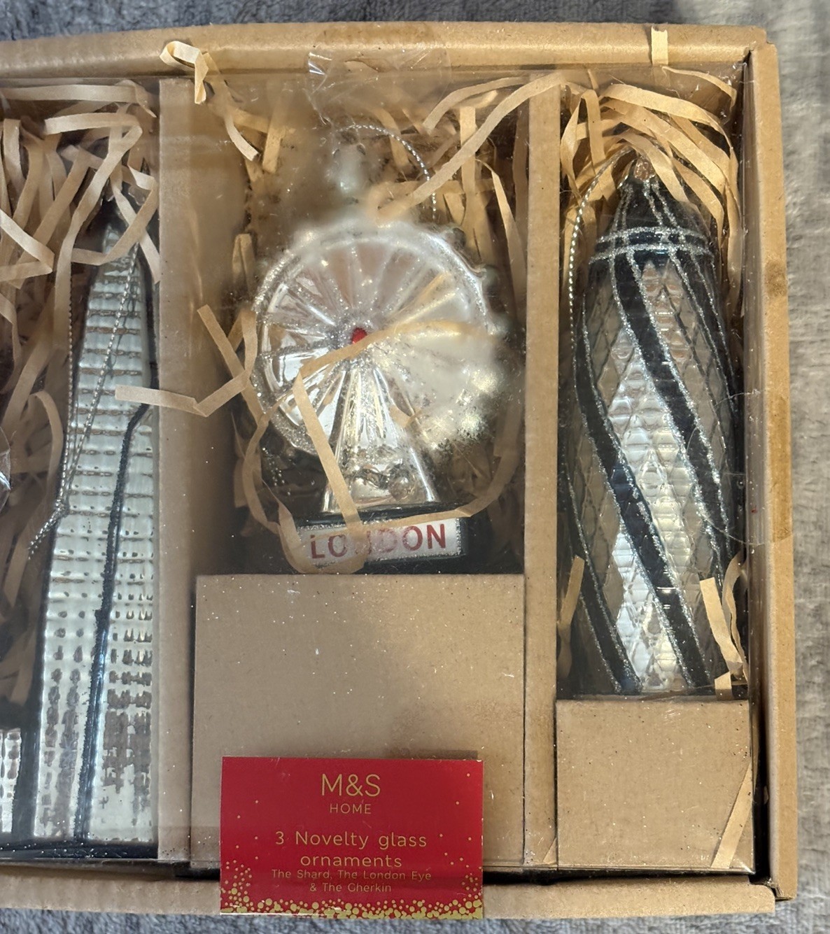 3 New M&S Marks Spencer Glass Novelty Ornaments 3 Shard London Eye Gherkin