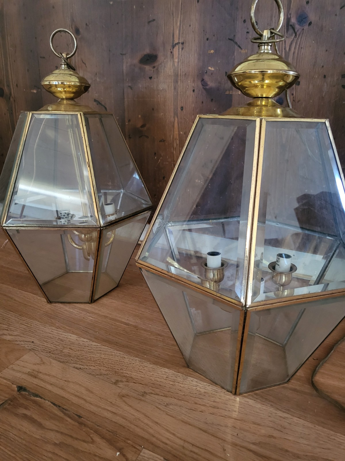 Vintage Pair Brass Glass Hexagon Foyer Lantern Pendant Lights 3 Light Rewired