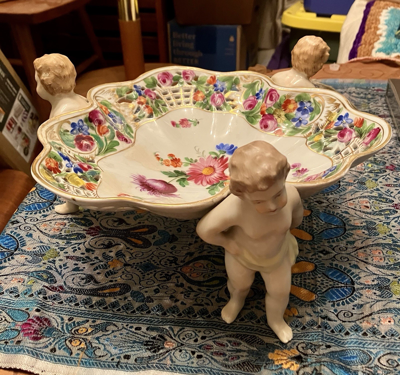 Reticuled Cherub Porcelain Bowl Signed Dresden