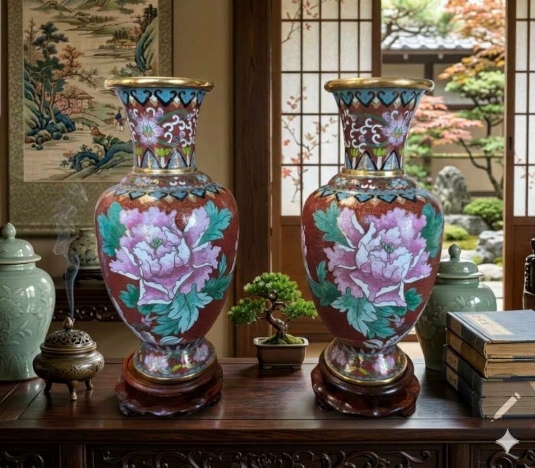 Pair Chinese Cloisonne Enamel Floral Vase  w/ Wood Stands & Storage Box Vintage