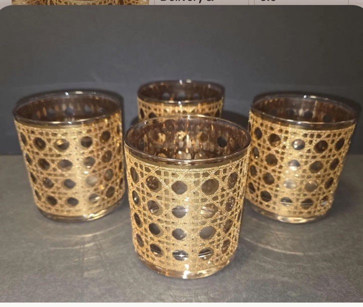 Culver Valencia 22K Gold Green Lowball Rocks Glasses Vintage 1960s Set of 4