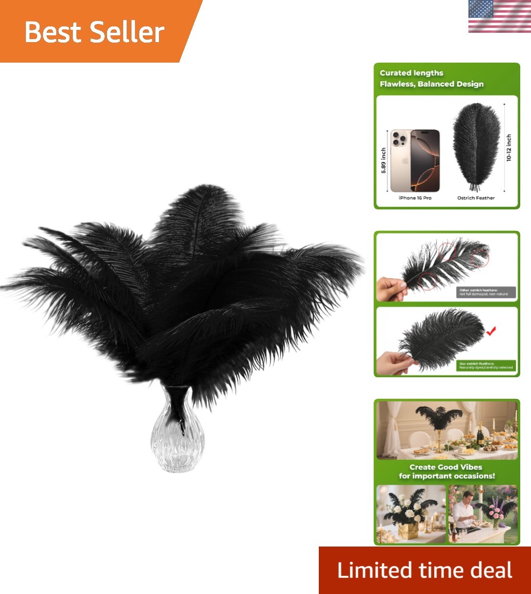 Piokio 20pcs Natural Black Ostrich Feathers 10-12 inch 10-12\