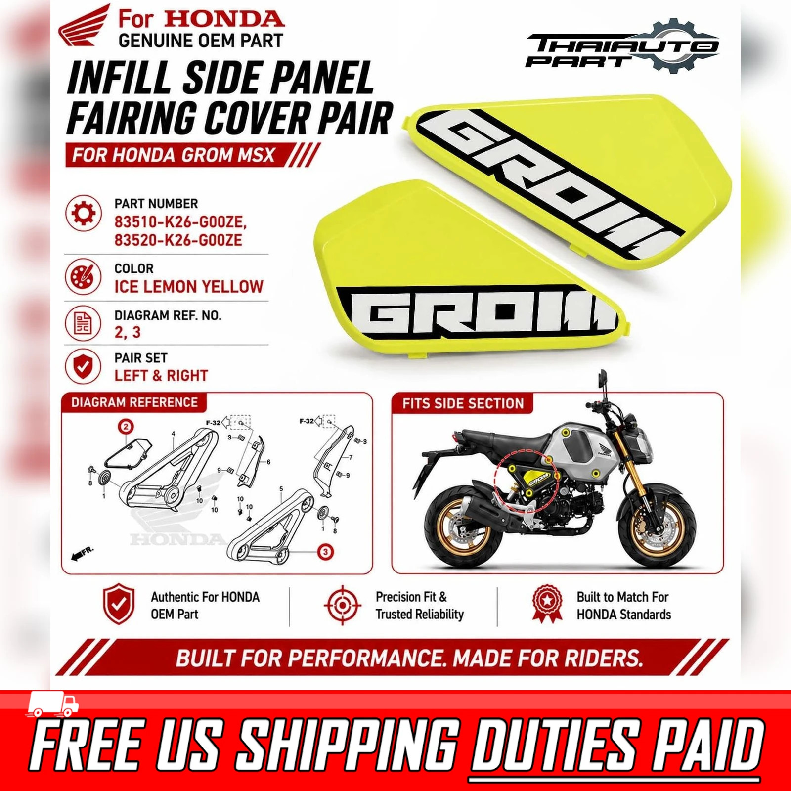 FIT Honda New Grom Msx 2021-2024 Infill Side Panel Fairing Cover Pair Lemon