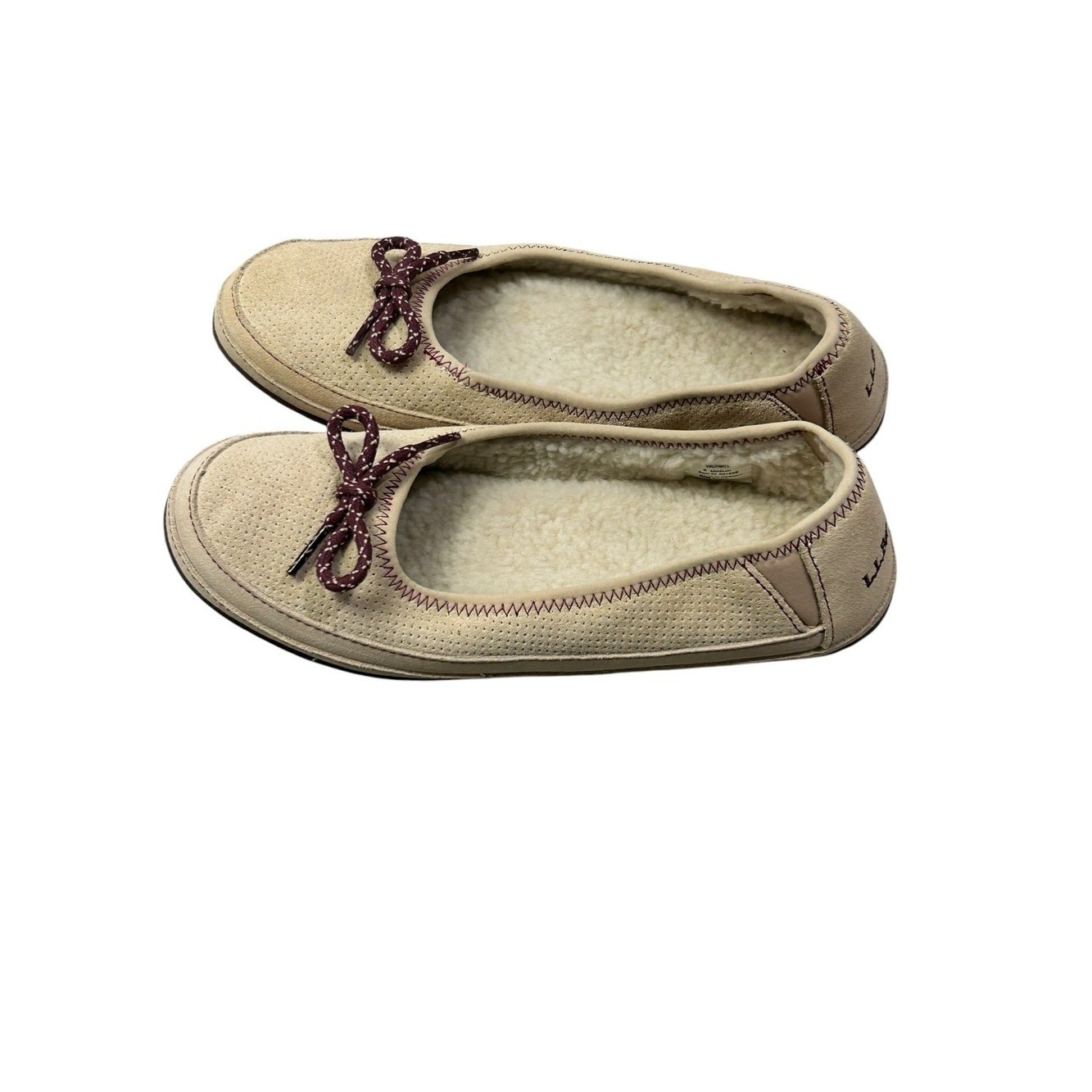 L.L.Bean Hearthside Sherpa-Lined Ballet Slippers Women\'s 8M Casual Tan Burgundy L.L.Bean Hearthside Sherpa-Lined Ballet Slippers Women\'s 8M Casual Tan Burgundy