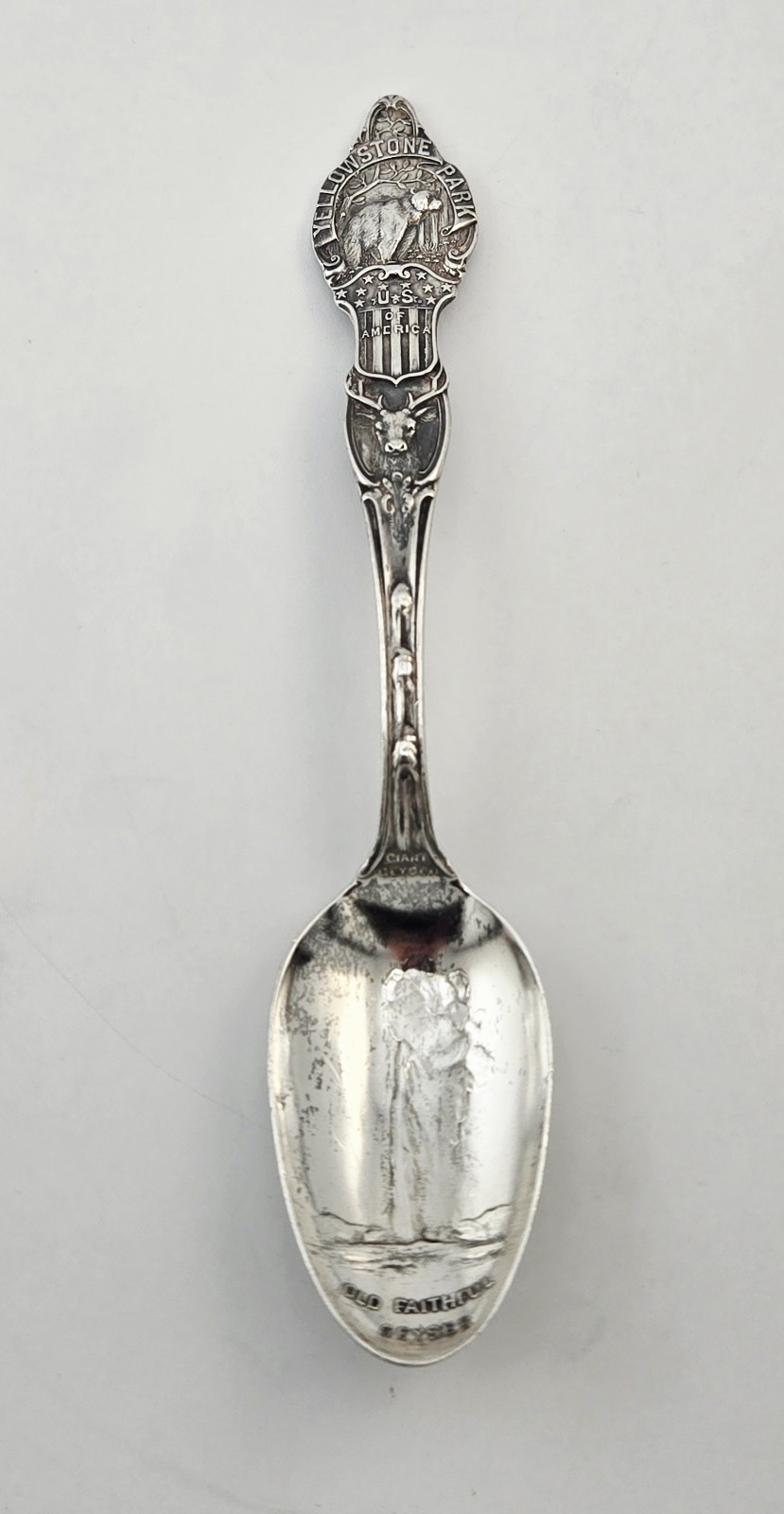 VTG Yellowstone Park Sterling Silver Souvenir Spoon Bison Old Faithful Geyser 25