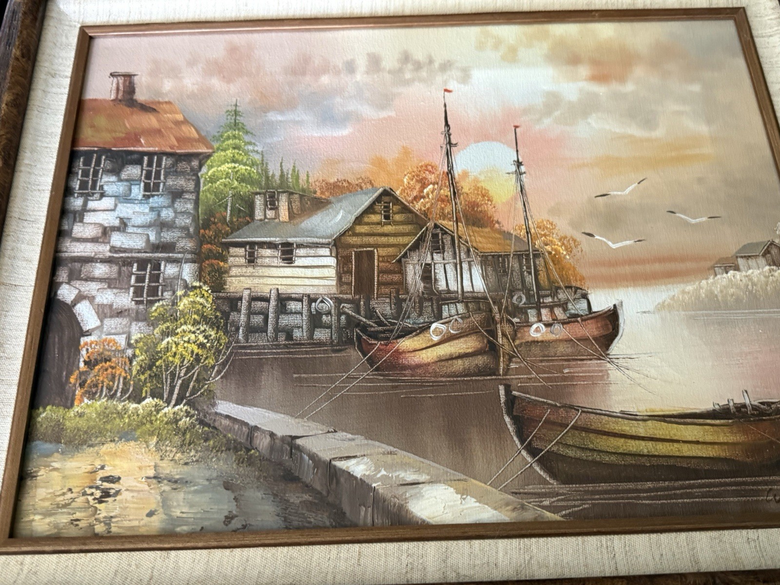 Vintage W. Zeller Original Oil Painting Framed 16x22 Real Wood Harbor Sunset