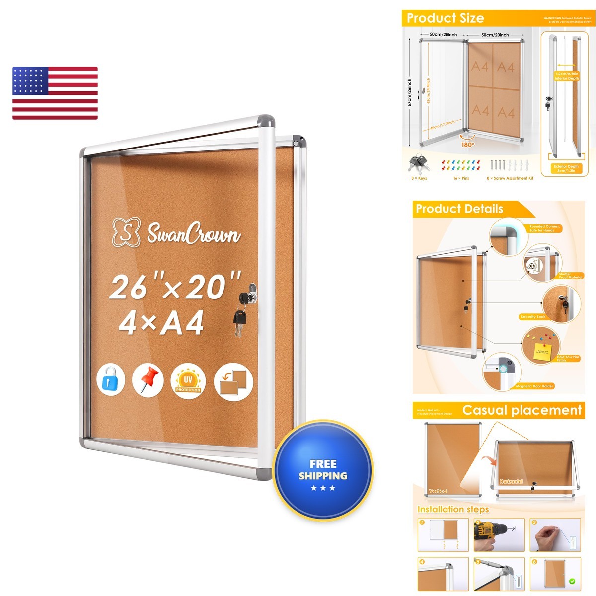 S SWANCROWN SWANCROWN 26x20 In Enclosed Bulletin Board, Lockable Cork Board S SWANCROWN SWANCROWN 26x20 In Enclosed Bulletin Board, Lockable Cork Board