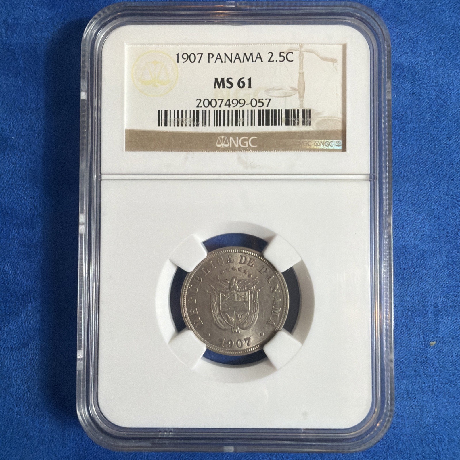 1907 Panama 2½ Centesimos NGC MS61 KM#7.1 Early Republic Scarce Mint State