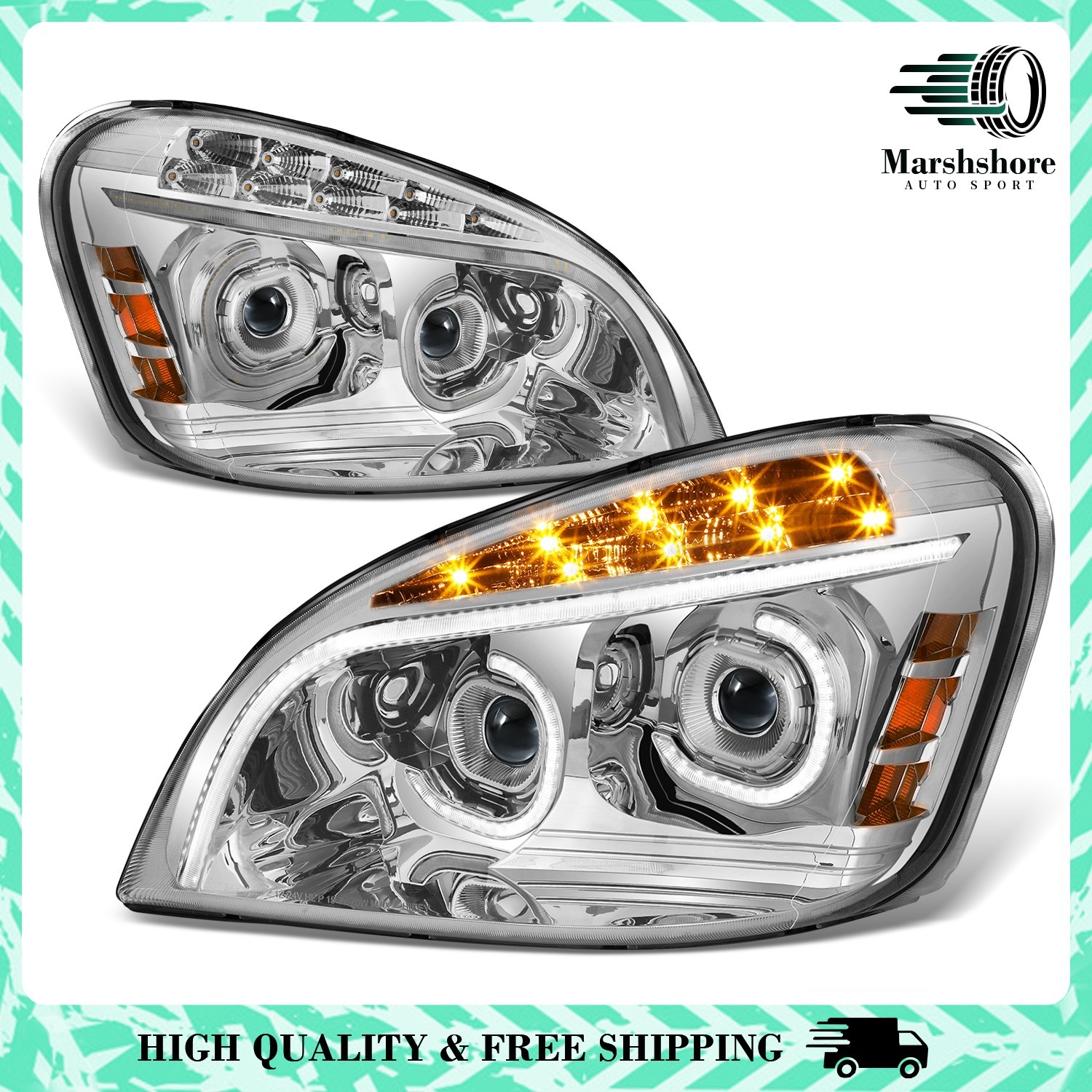 For 08-17 Cascadia Full LED C-Halo DRL Projector Headlight Lamps Chrome Housing