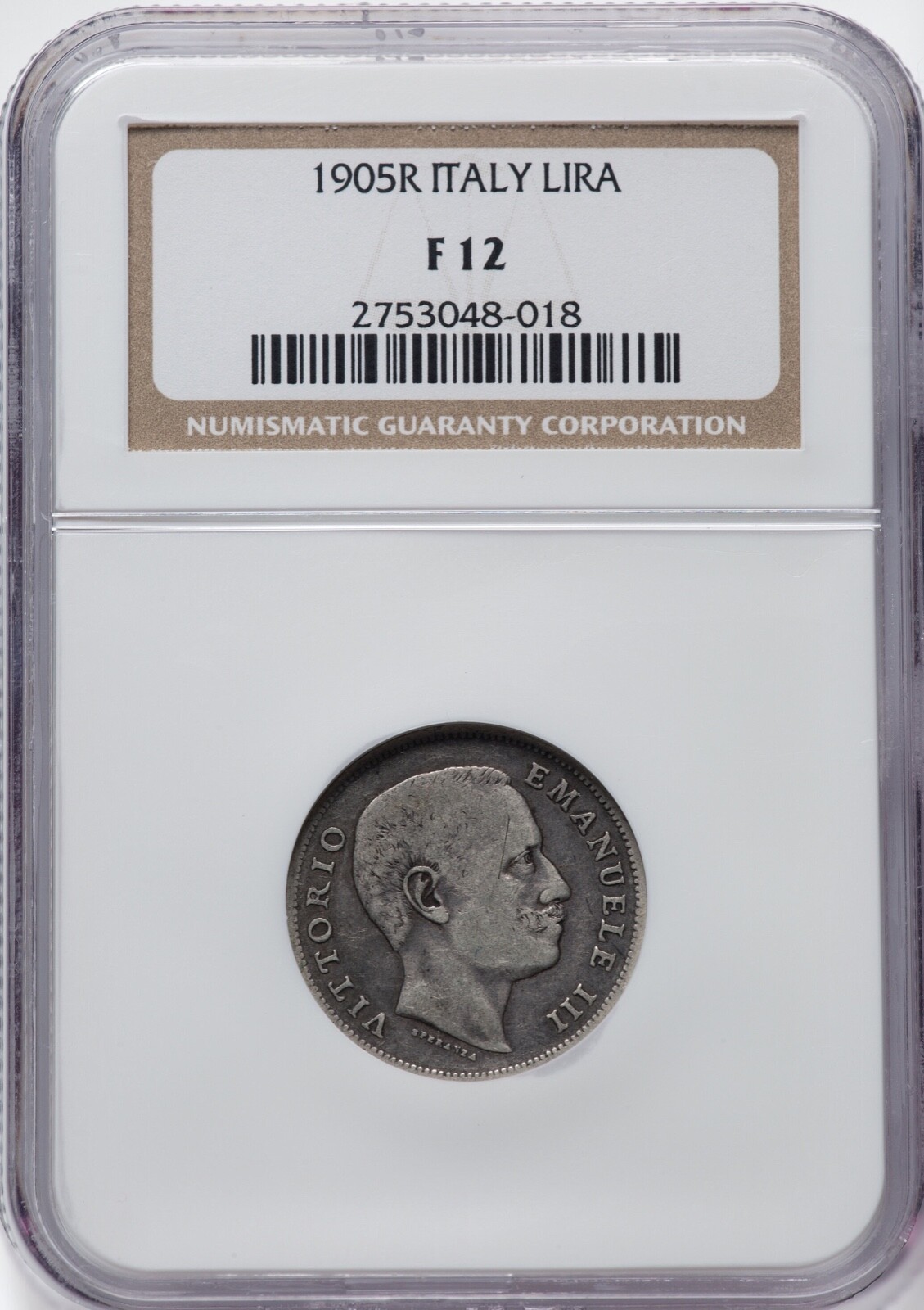 ITALY KINGDOM  1905-R 1 LIRA SILVER COIN, SCARCE, CIRCULATED, NGC CERTIFIED F-12