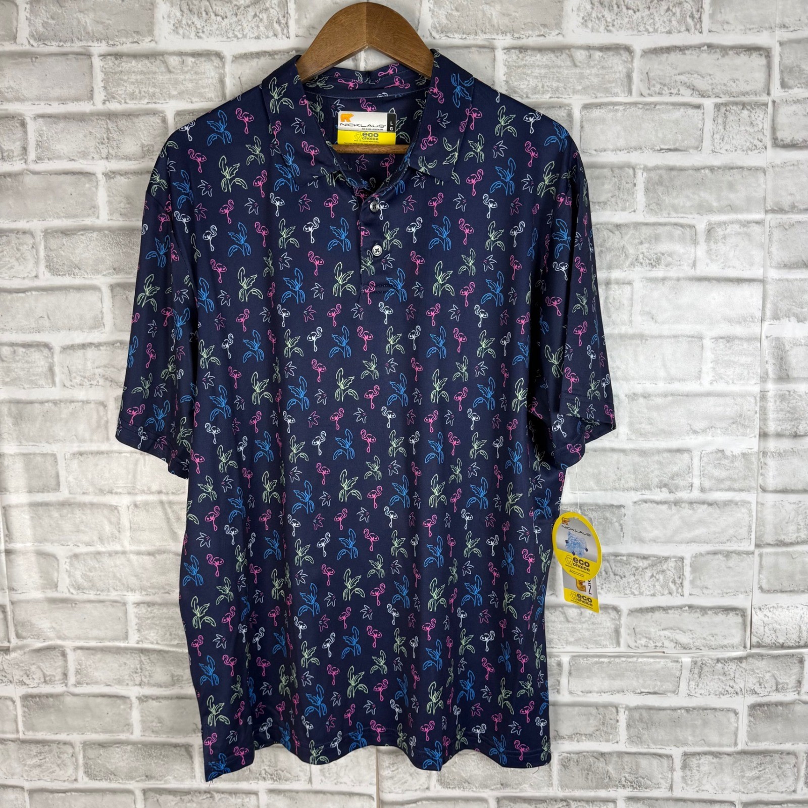 Jack Nicklaus Men Flamingo Palm Tree Golf Polo Shirt Peacoat Navy Blue Large NEW
